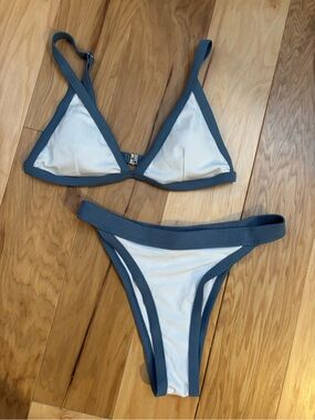 Women’s Two-Piece Ribbed Bikini in White with Grey/Blue Trim